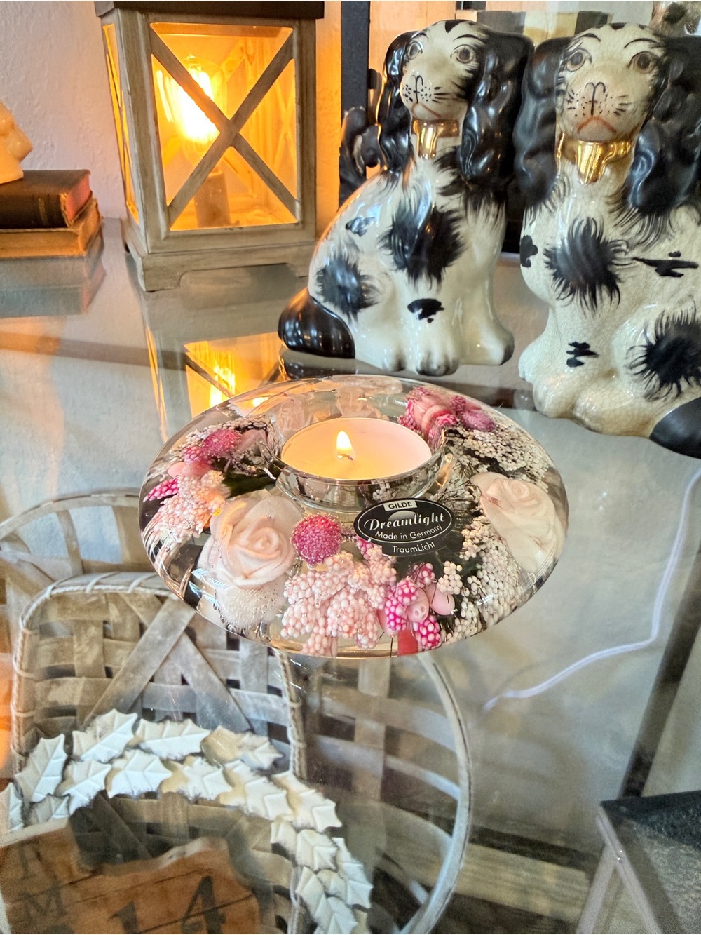 Gilde Dreamlight Glass Candle Holder with Flowers "Little Rose' Made in Germany - Picture 3 of 15